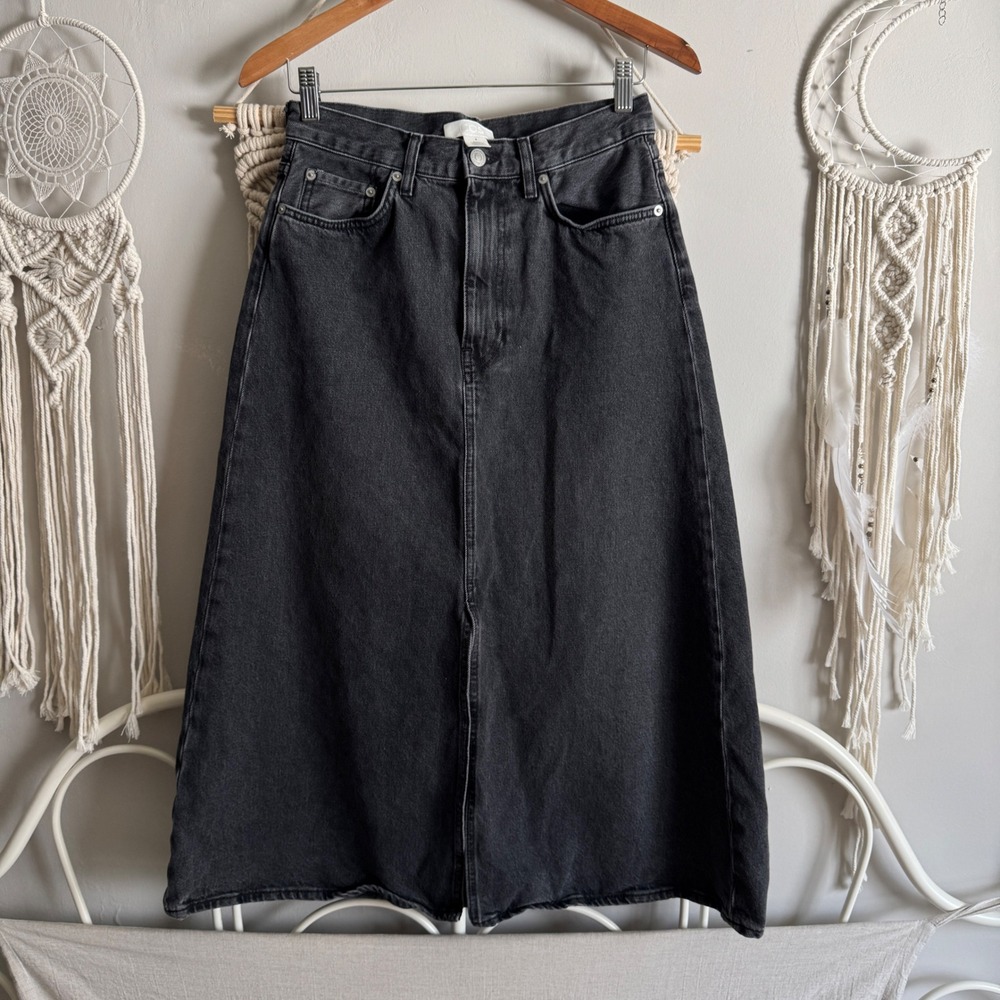 COS Denim Midi Skirt 6 Washed Black Grey High Waisted Front Slit Minimalist - Picture 10 of 12